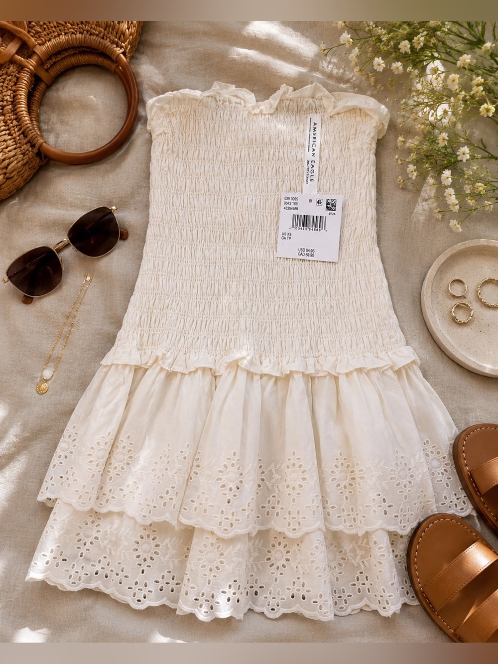 NWT American Eagle Ivory Smocked Eyelet Mini Dress XS Summer Boho